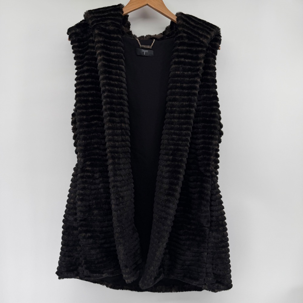 T Tahari Womens Faux Fur Hooded Vest Brown Black Striped Open Front XL